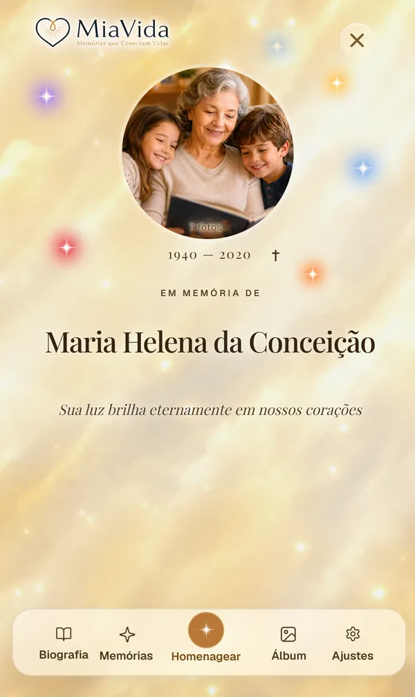 Tela mobile do memorial de exemplo Maria Helena no MiaVida