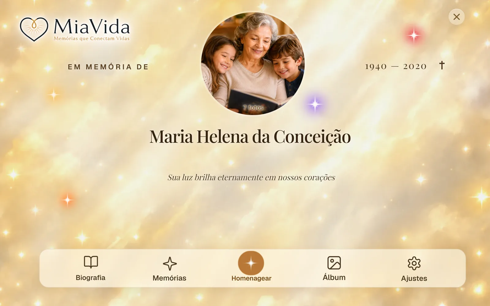 Tela desktop do memorial de exemplo Maria Helena no MiaVida