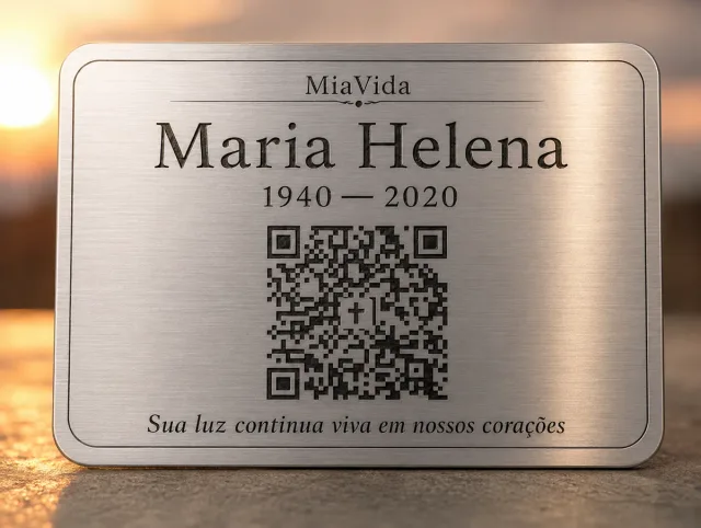 Placa MiaVida com QR Code gravado, do memorial de exemplo Maria Helena